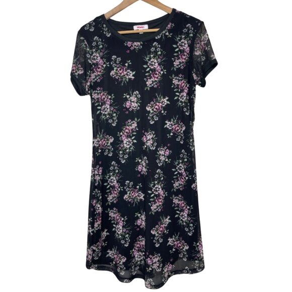 BONGO Dresses & Skirts - BONGO | Black Floral Mini Shirt Dress Short Sleeve Purple Flowers | Size L